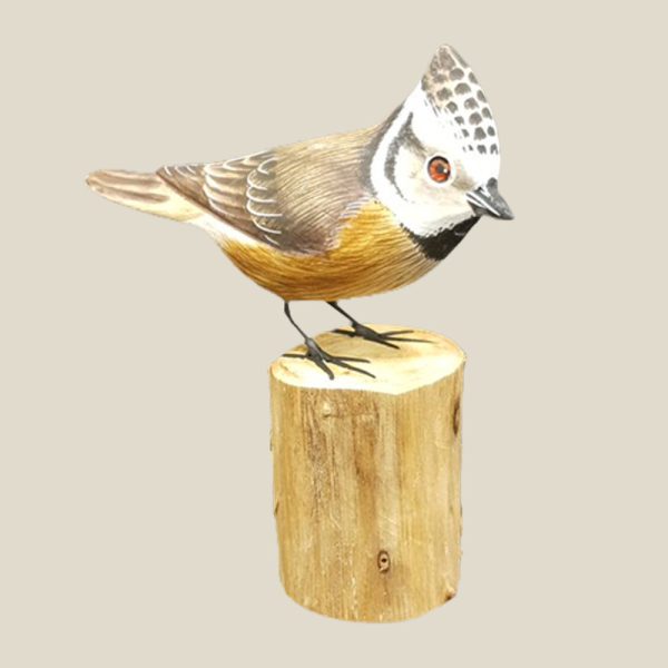 Hand Carved and Painted Wooden Crested Tit - Image 2
