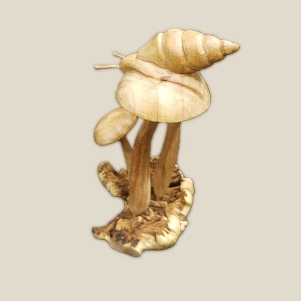Hand Carved Wooden Snail on mushroom on natural base - Image 3