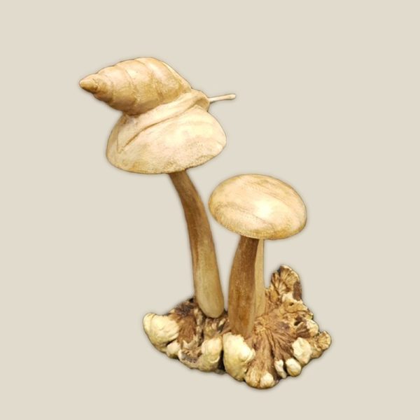 Hand Carved Wooden Snail on mushroom on natural base - Image 4