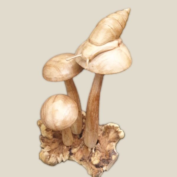 Hand Carved Wooden Snail on mushroom on natural base - Image 2