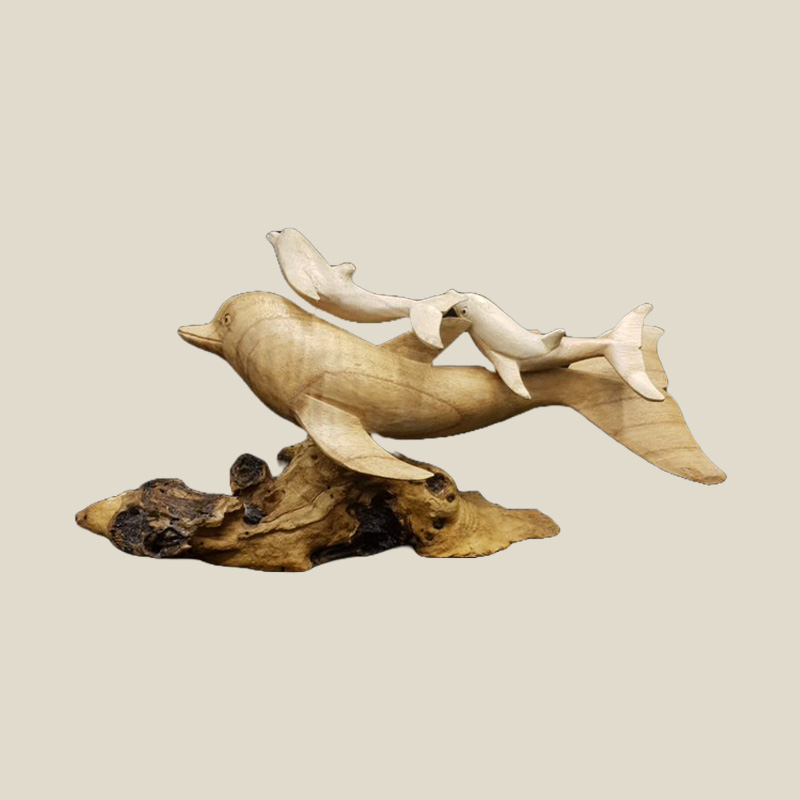 Hand Carved Wooden group of Dolphins, on natural base - Dreamtime UK